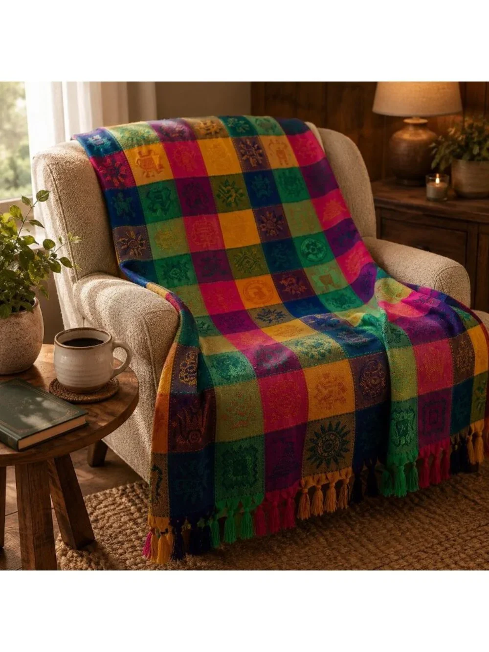 Mexican Woven Throw Colorful Aztec-Inspired Pattern Tassels 58.5 x 86 Tablecloth